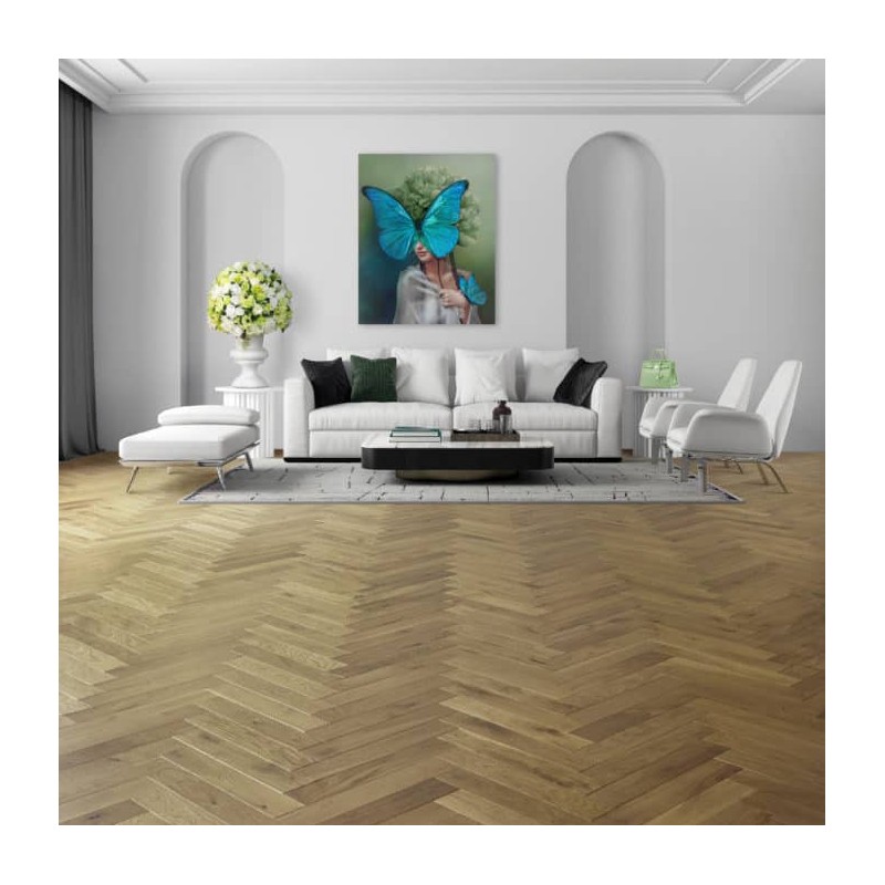 Parquet contrecollé chêne Bâton Rompus 16X90 mm, VILLAGE, campagne, teinté vernis mat