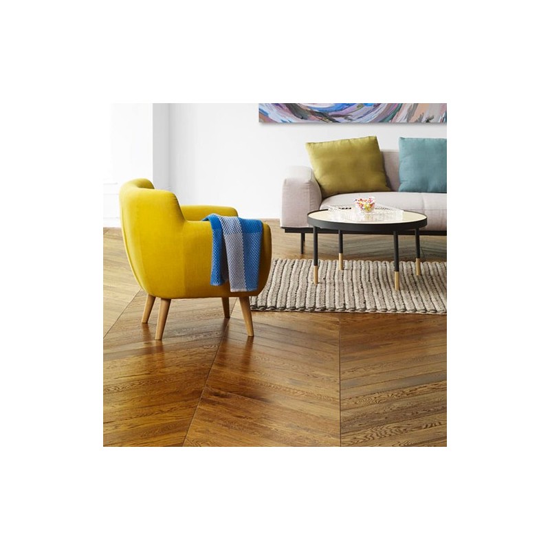 Parquet contrecollé chêne Point de Hongrie 12X90 mm, COGNAC, rustique, vernis mat